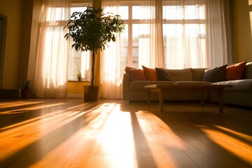 Poster - A sunlit living room showcases a beige sectional couch adorned with colorful pillows, a wooden coffee table, and a lush indoor plant next to sheer curtains