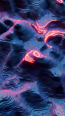 Poster - A blue and purple image of a mountain range with orange and red lines. The image has a futuristic and abstract feel to it