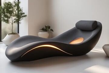 Poster - A contemporary lounge chair with sleek lines is positioned in front of a simple and uncluttered background, with sunlight pouring in to create striking shadows