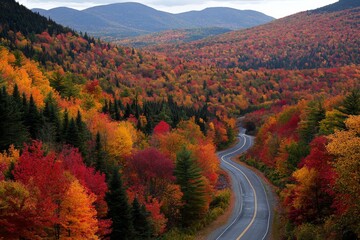 Poster - A winding road cuts through a colorful autumn forest, featuring fiery red and orange leaves alongside deep green evergreens, showcasing nature's seasonal beauty
