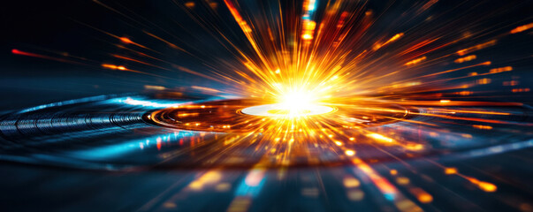 Poster - A bright orange light is shooting out from the center of the image. The light is surrounded by a dark blue background, creating a striking contrast. Concept of energy and excitement