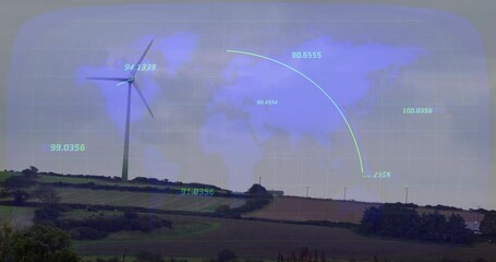 Poster - 3D-rendered wind turbine tower spinning over rural fields, showing digital world map and data grid