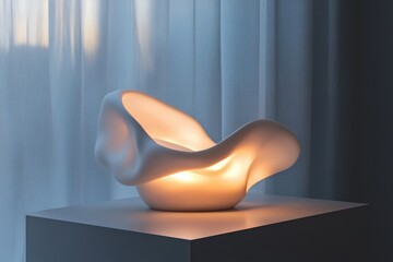 Poster - Unique modern lamp design with soft curves illuminated in a serene setting