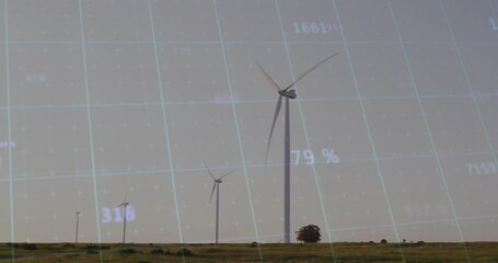 Poster - Wind turbines in flat design rotating on grassy plain, displaying digital grid overlay with data