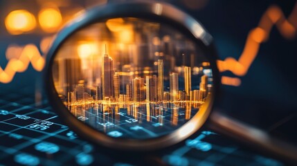 Poster - Magnifying glass reveals city skyline over financial data chart.