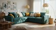© Dont worry - Comfortable Living Room with Teal Sofa and Cushions Surrounded by Natural Light and Indoor Plants