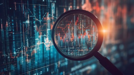 Poster - Magnifying glass over financial data charts and graphs on a computer screen.