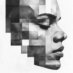 Poster - the woman's face, featuring abstract geometric shapes, embodies the relationship between technologic