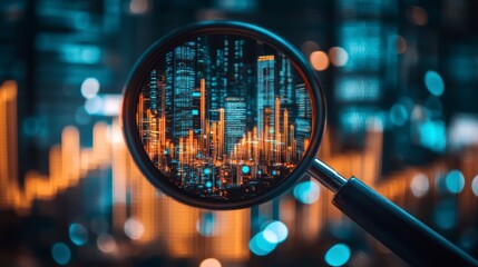 Poster - Magnifying glass focusing on a cityscape at night, showing data analysis and urban development.