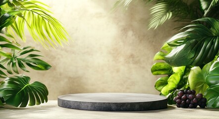 Poster - A product display embracing minimalism, characterized by a natural and earthy visual identity, incorporates a stone backdrop with texture and a platform of stone, surrounded by lush green foliage
