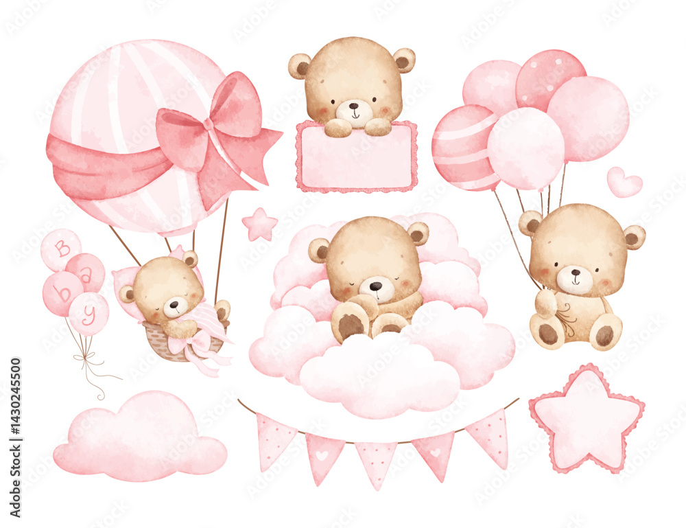Watercolor Illustration Set of Baby Teddy Bear and Balloons with ...
