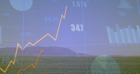 Poster - Flat design illustration showing clear data overlay over field with yellow line and bar charts