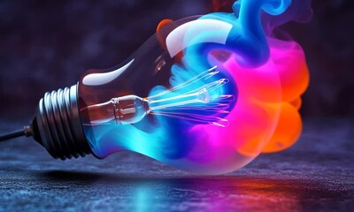 Wall Mural - A vibrant light bulb with colorful smoke swirling around it, set against a dark textured background