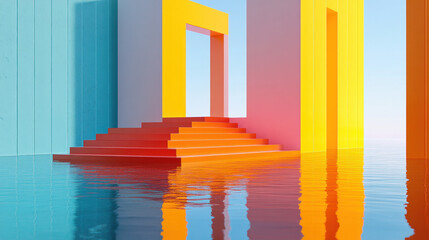 Poster - A colorful building with a red staircase leading up to it. The building is surrounded by water, and the water reflects the building's colors. The scene has a vibrant and lively mood