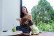 © crizzystudio - Young woman enjoying a snack and sharing some with her adorable small dog, both sitting by the window in a bright and airy cafe, creating a heartwarming scene of companionship and love