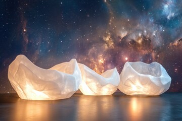 Poster - Elegant glowing sculptures set against a cosmic backdrop in an art installation