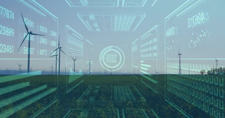 Poster - Central circular gauge overlaying meadow with wind turbines showing holographic data panels in 3D