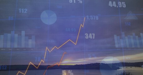 Poster - Semi-transparent data visualizations floating above calm sunset lake, showing line, bar, pie charts