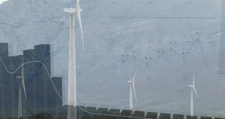 Poster - Wind turbines generating data overlays over mountain plain, featuring line charts and crosshairs