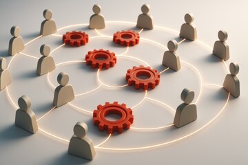 Poster - Network of Collaboration: A visual representation of a collaborative network. people figures connected by glowing lines with interconnected gears