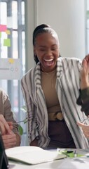 Poster - People, meeting and applause with tablet at startup for goals, success and results at tech company. Group, man and woman with cheers, celebration and high five with review for breakthrough at agency