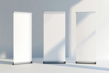 Poster - Three blank rollup posters stand in a brightly lit room, ready for customization. Sunlight casts shadows, creating a modern minimalist scene.