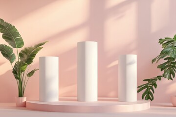 Fototapete - A minimalist product showcase featuring cylindrical pedestals on a platform, complemented by lush tropical plants against a soft pink backdrop.
