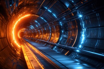 Poster - Futuristic tunnel illuminated by blue and orange lights at night