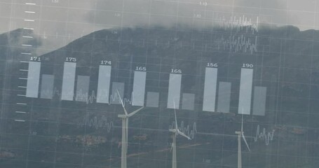 Poster - Wind turbines generating in mountain landscape, overlaying bar charts waveform graphs and gridlines