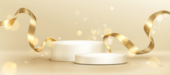 Poster - Glossy golden ribbon wrapping around white cylindrical podium on shimmering bright background with bokeh effects. Realistic 3d curled metallic band in elegant swirl shape for luxury product display.