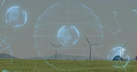 Poster - Renewable energy showing holographic globe floating over grassy plain featuring wind turbines