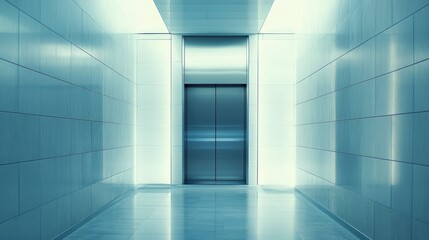 Poster - Modern elevator in a sleek, bright hallway with reflective walls and floor.