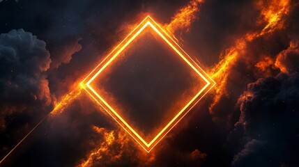 Wall Mural - glowing neon diamond frame in fiery, smoky clouds.