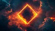 © florynstudio3 - Glowing neon square frame amidst fiery, dark clouds; abstract background.