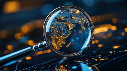 Poster - Magnifying glass focusing on a vibrant map of Africa, surrounded by a digital cityscape.