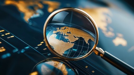 magnifying glass revealing a digital map of europe and africa.
