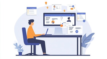 Poster - Man reviewing resumes on computer at desk.