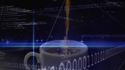 Poster - White ceramic coffee cup being filled with coffee stream in dark space, with binary code overlays