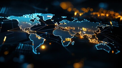 Poster - Digital world map with glowing connections in blue and gold tones.