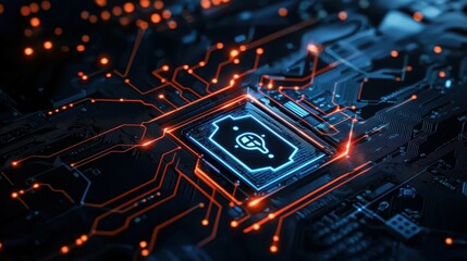 Poster - Abstract technological background with glowing circuitry and security icon.
