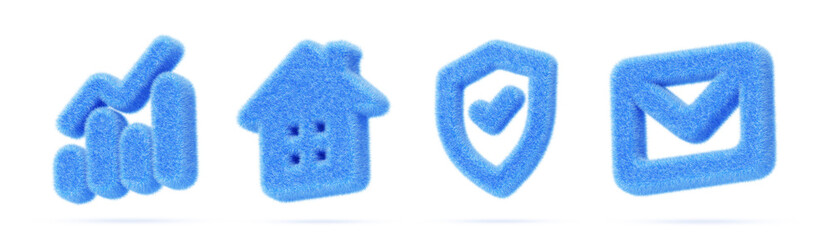Poster - 3d set of blue fur fluffy ui icon for app or web design. Soft wool felt shield, chart, house, envelope with hair texture. Render furry business signs isolated on white background. 3D illustration