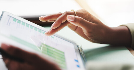 Poster - Statistics, screen and hands of woman on tablet with graph, online data and information. Business, professional and closeup of worker on digital tech for report, finance review and profit analytics