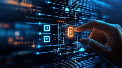Poster - Close-up of a hand interacting with digital security icons in a glowing data environment.