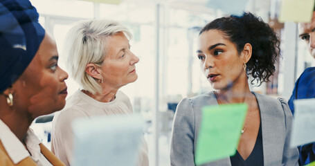 Aufkleber - Collaboration, conversation and glass wall with business people in office for planning or strategy. Agenda, brainstorming and sticky notes with employee team in workplace for discussion or management