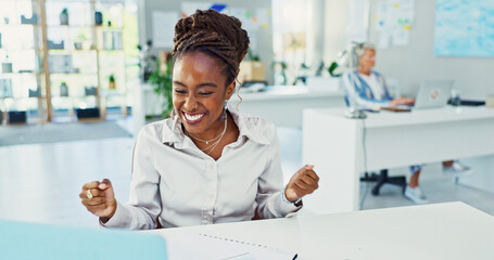Poster - Fist pump, laptop and success with woman in office for goals, target and achievement. Bonus, celebration and excited with happy designer in creative workplace for project approval, deal or milestone