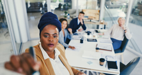 Poster - Business people, planning and woman in office, whiteboard and feedback for company growth. Employees, brainstorming and above of leader, ideas and meeting for stats, writing and review proposal