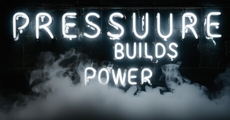 Aufkleber - Neon sign displays Pressure Builds Power. Dark background features smoke or fog creating dramatic effect. Bright white illumination contrasts with shadows. Intense message conveyed visually.