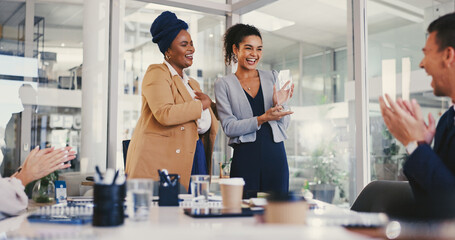 Poster - Business people, celebration and woman with trophy, smile and applause for recognition. Person, employees and consultant in office, kpi target and goals with thank you, award ceremony and achievement