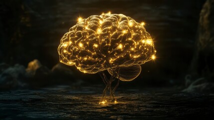 Poster - glowing golden brain tree in dark landscape.