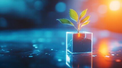 Wall Mural - a small plant sprouts from soil within a clear glass cube, illuminated by vibrant blue and orange li